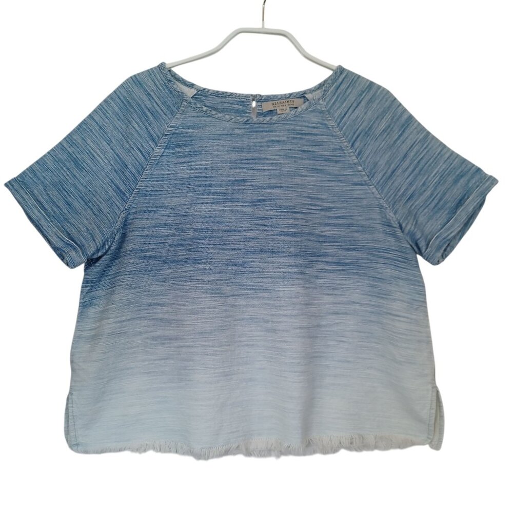 All Saints Top Short Sleeve Blue Chambray Raw Hem‎ Cropped Womens 8